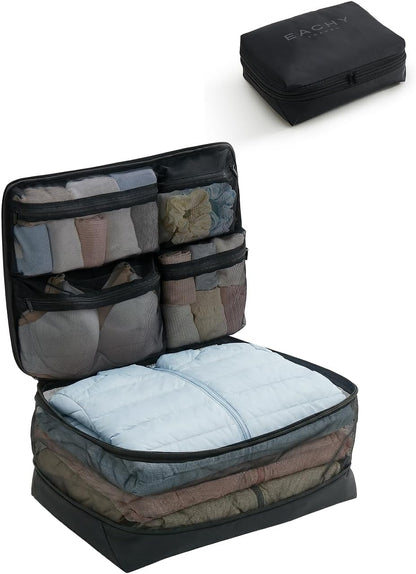 5-in-1 Compression Packing Cube, Hanging Luggage Organizer with 4 Compartments for Clothes and Underwear, Machine Washable Travel Suitcase Accessories (Pink, Large)