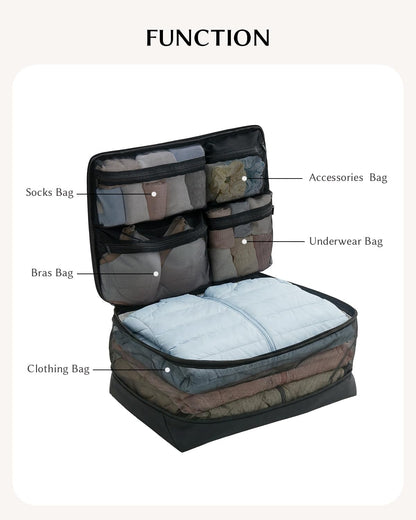 5-in-1 Compression Packing Cube, Hanging Luggage Organizer with 4 Compartments for Clothes and Underwear, Machine Washable Travel Suitcase Accessories (Pink, Large)