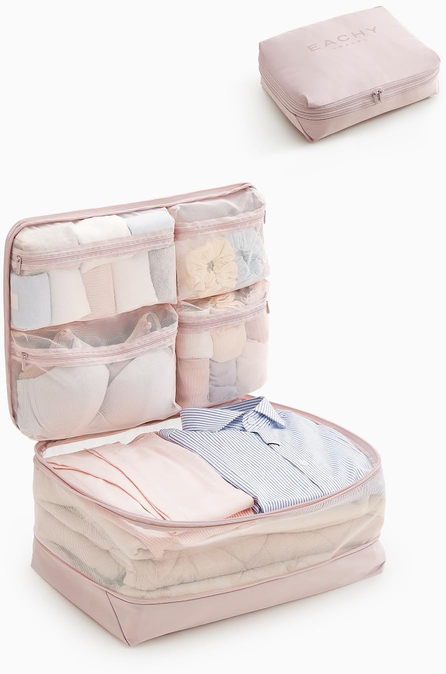 5-in-1 Compression Packing Cube, Hanging Luggage Organizer with 4 Compartments for Clothes and Underwear, Machine Washable Travel Suitcase Accessories (Pink, Large)