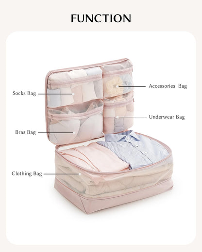 5-in-1 Compression Packing Cube, Hanging Luggage Organizer with 4 Compartments for Clothes and Underwear, Machine Washable Travel Suitcase Accessories (Pink, Large)