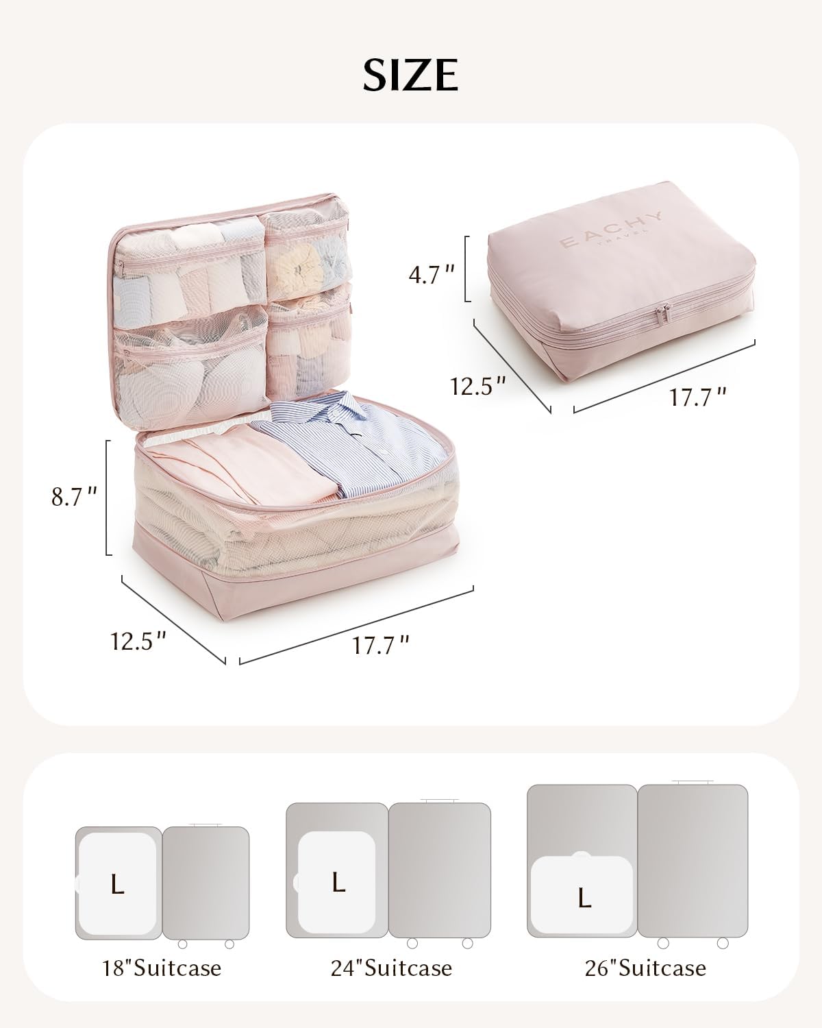 5-in-1 Compression Packing Cube, Hanging Luggage Organizer with 4 Compartments for Clothes and Underwear, Machine Washable Travel Suitcase Accessories (Pink, Large)