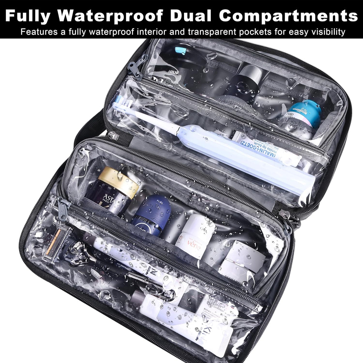 Hanging Toiletry Shower Bag, Mens Hygiene Bag for Travel Gym Business | Premium YKK Zippers, Heavy-Duty 360° Swivel Metal Hook, Water-Resistant Puncture-Proof Nylon, Clear Quick-Access Panel