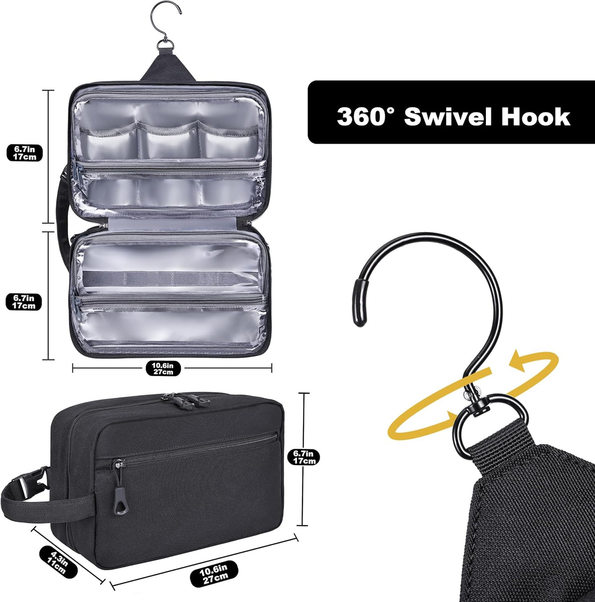 Hanging Toiletry Shower Bag, Mens Hygiene Bag for Travel Gym Business | Premium YKK Zippers, Heavy-Duty 360° Swivel Metal Hook, Water-Resistant Puncture-Proof Nylon, Clear Quick-Access Panel