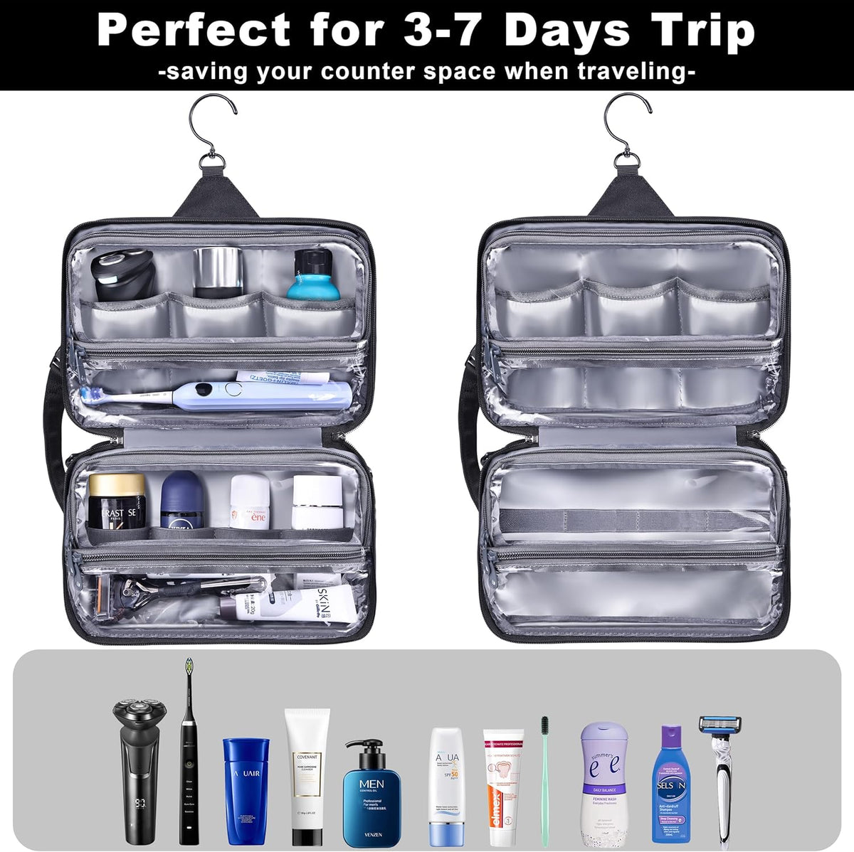 Hanging Toiletry Shower Bag, Mens Hygiene Bag for Travel Gym Business | Premium YKK Zippers, Heavy-Duty 360° Swivel Metal Hook, Water-Resistant Puncture-Proof Nylon, Clear Quick-Access Panel