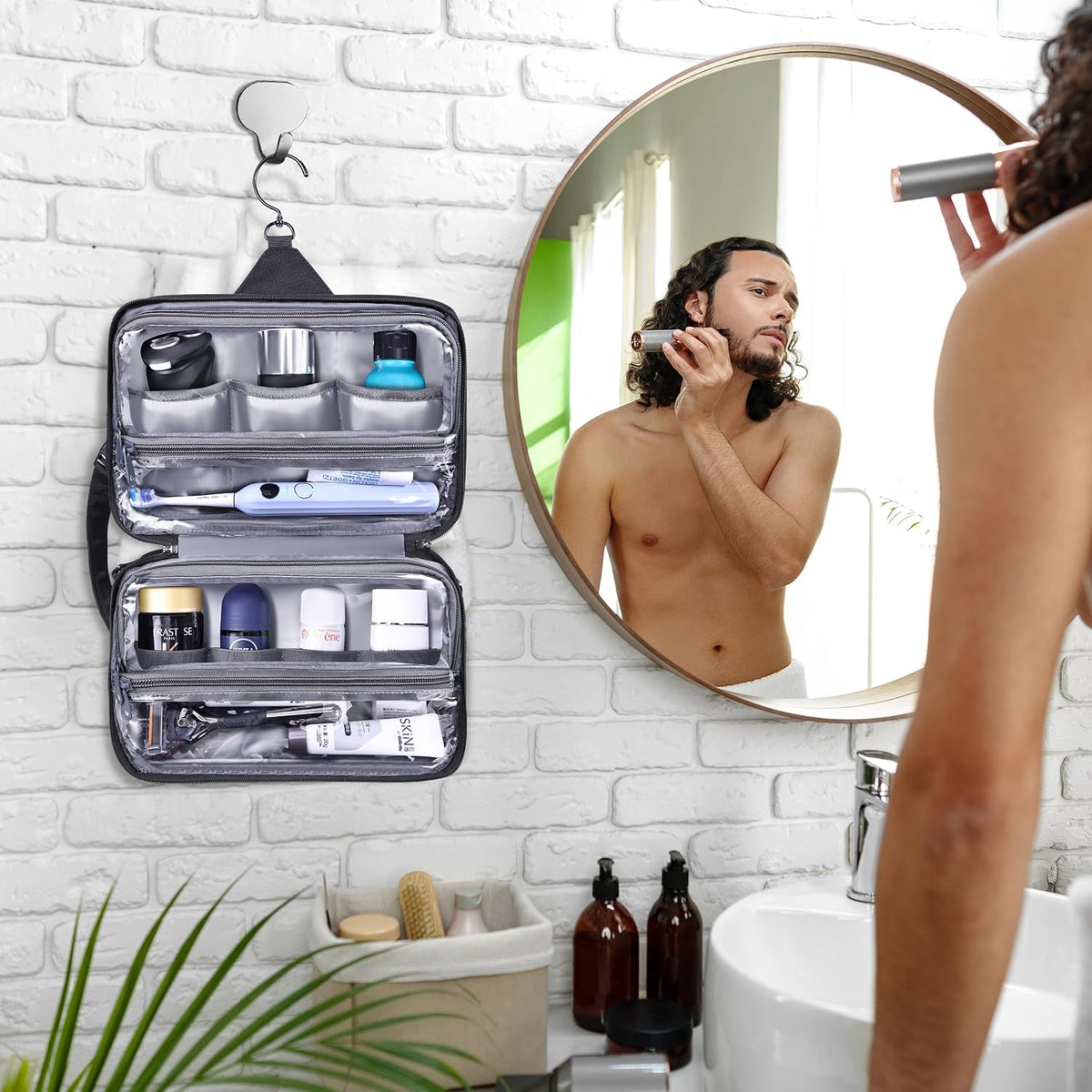Hanging Toiletry Shower Bag, Mens Hygiene Bag for Travel Gym Business | Premium YKK Zippers, Heavy-Duty 360° Swivel Metal Hook, Water-Resistant Puncture-Proof Nylon, Clear Quick-Access Panel