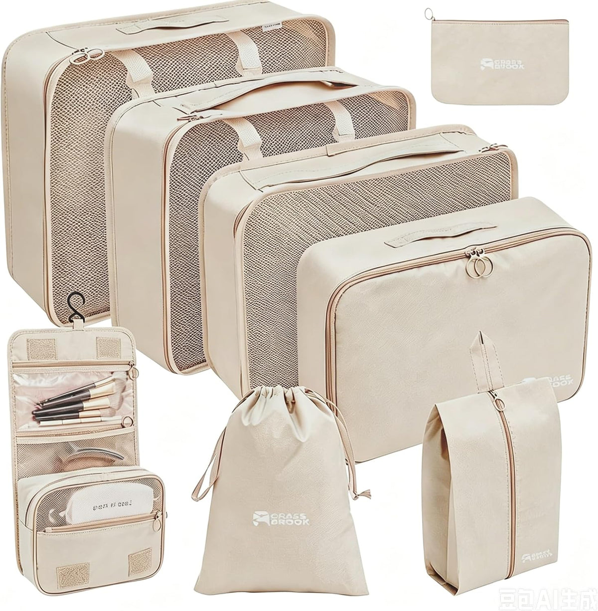 8 Set Packing Cubes for Travel Essentials With Hanging Toiletry Bag for Women, Lightweight Suitcase Organizer Bags with Mackup bag, Carry-On Luggage Accessories (Beige)