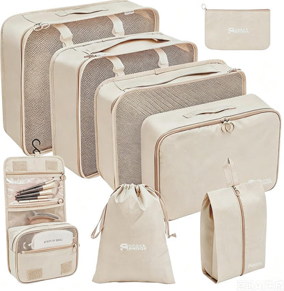 8 Set Packing Cubes for Travel Essentials With Hanging Toiletry Bag for Women, Lightweight Suitcase Organizer Bags with Mackup bag, Carry-On Luggage Accessories (Beige)