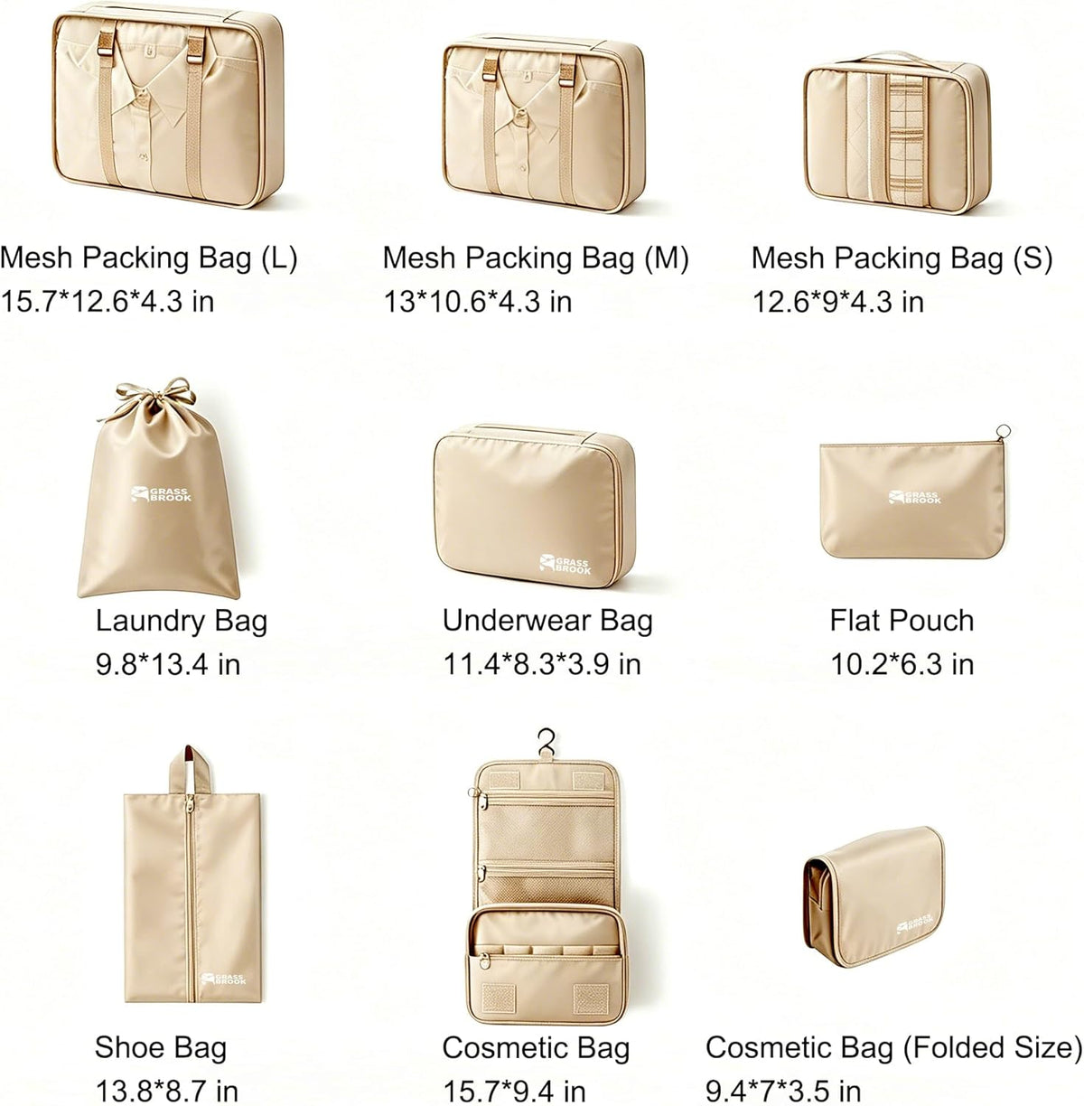 8 Set Packing Cubes for Travel Essentials With Hanging Toiletry Bag for Women, Lightweight Suitcase Organizer Bags with Mackup bag, Carry-On Luggage Accessories (Beige)