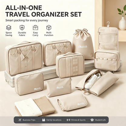 8 Set Packing Cubes for Travel Essentials With Hanging Toiletry Bag for Women, Lightweight Suitcase Organizer Bags with Mackup bag, Carry-On Luggage Accessories (Beige)