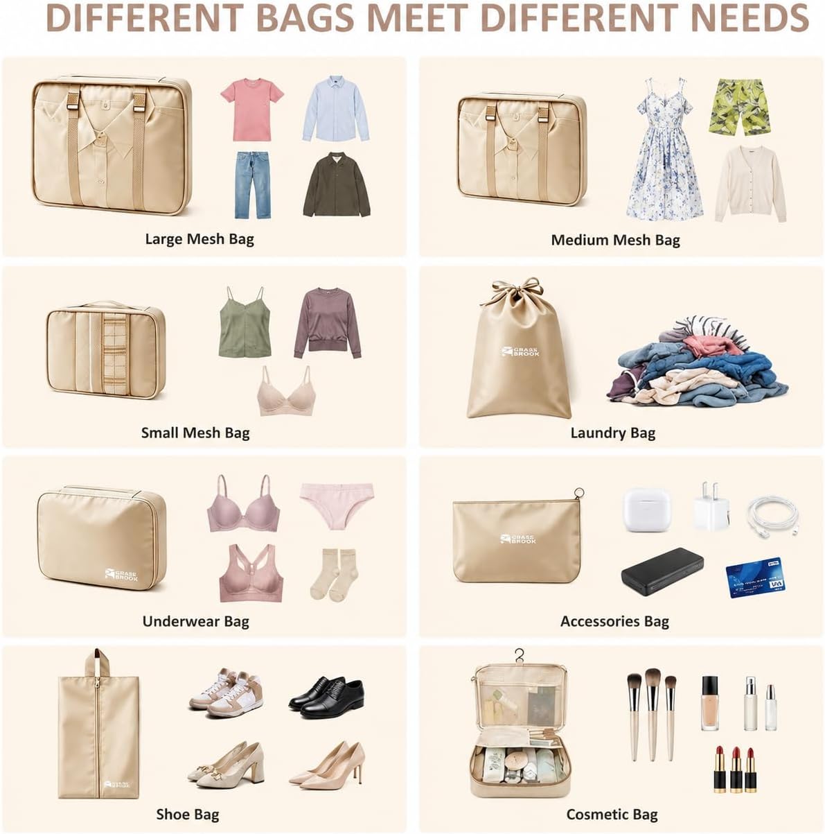 8 Set Packing Cubes for Travel Essentials With Hanging Toiletry Bag for Women, Lightweight Suitcase Organizer Bags with Mackup bag, Carry-On Luggage Accessories (Beige)