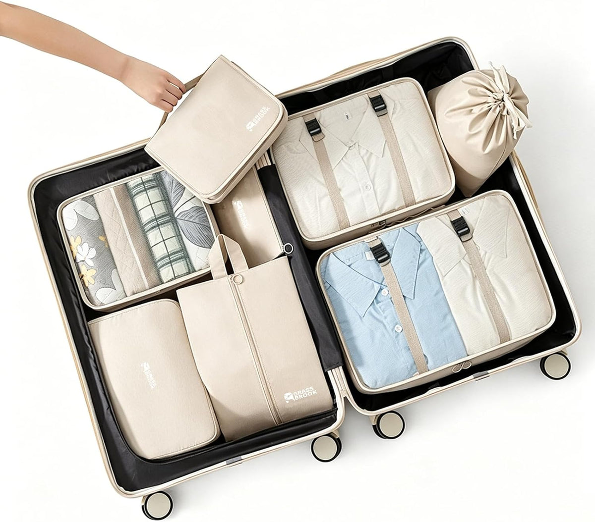 8 Set Packing Cubes for Travel Essentials With Hanging Toiletry Bag for Women, Lightweight Suitcase Organizer Bags with Mackup bag, Carry-On Luggage Accessories (Beige)