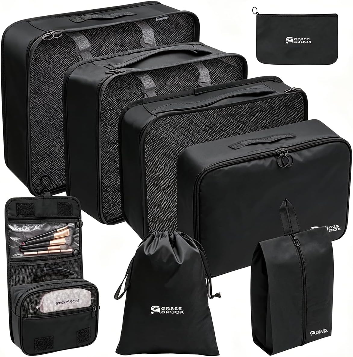 8 Set Packing Cubes for Travel Essentials With Hanging Toiletry Bag for Women, Lightweight Suitcase Organizer Bags with Mackup bag, Carry-On Luggage Accessories (Beige)