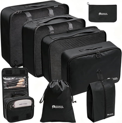 8 Set Packing Cubes for Travel Essentials With Hanging Toiletry Bag for Women, Lightweight Suitcase Organizer Bags with Mackup bag, Carry-On Luggage Accessories (Beige)