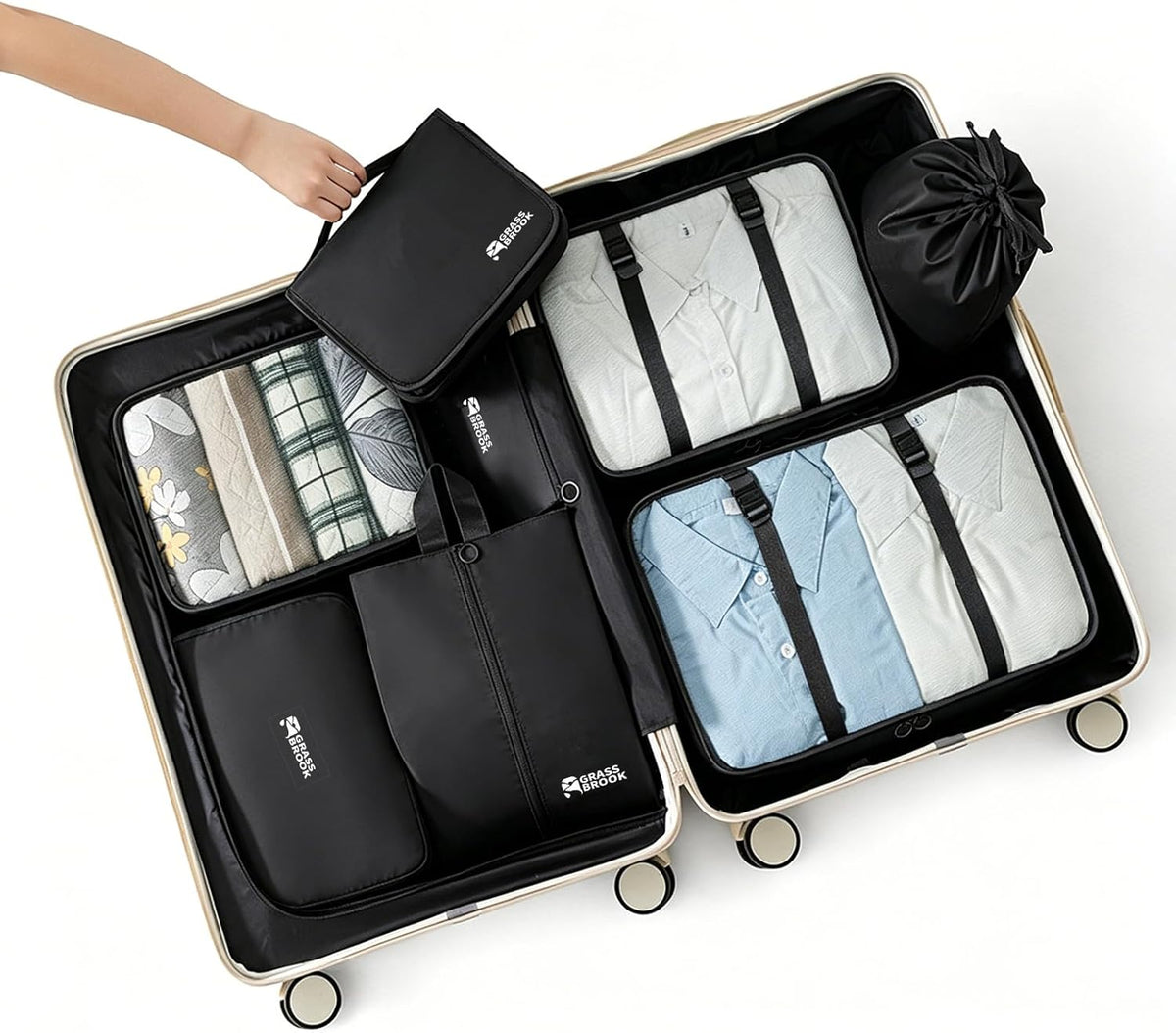 8 Set Packing Cubes for Travel Essentials With Hanging Toiletry Bag for Women, Lightweight Suitcase Organizer Bags with Mackup bag, Carry-On Luggage Accessories (Beige)