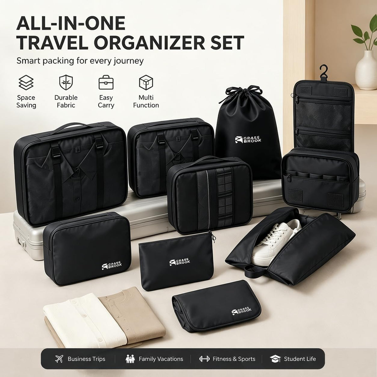 8 Set Packing Cubes for Travel Essentials With Hanging Toiletry Bag for Women, Lightweight Suitcase Organizer Bags with Mackup bag, Carry-On Luggage Accessories (Beige)