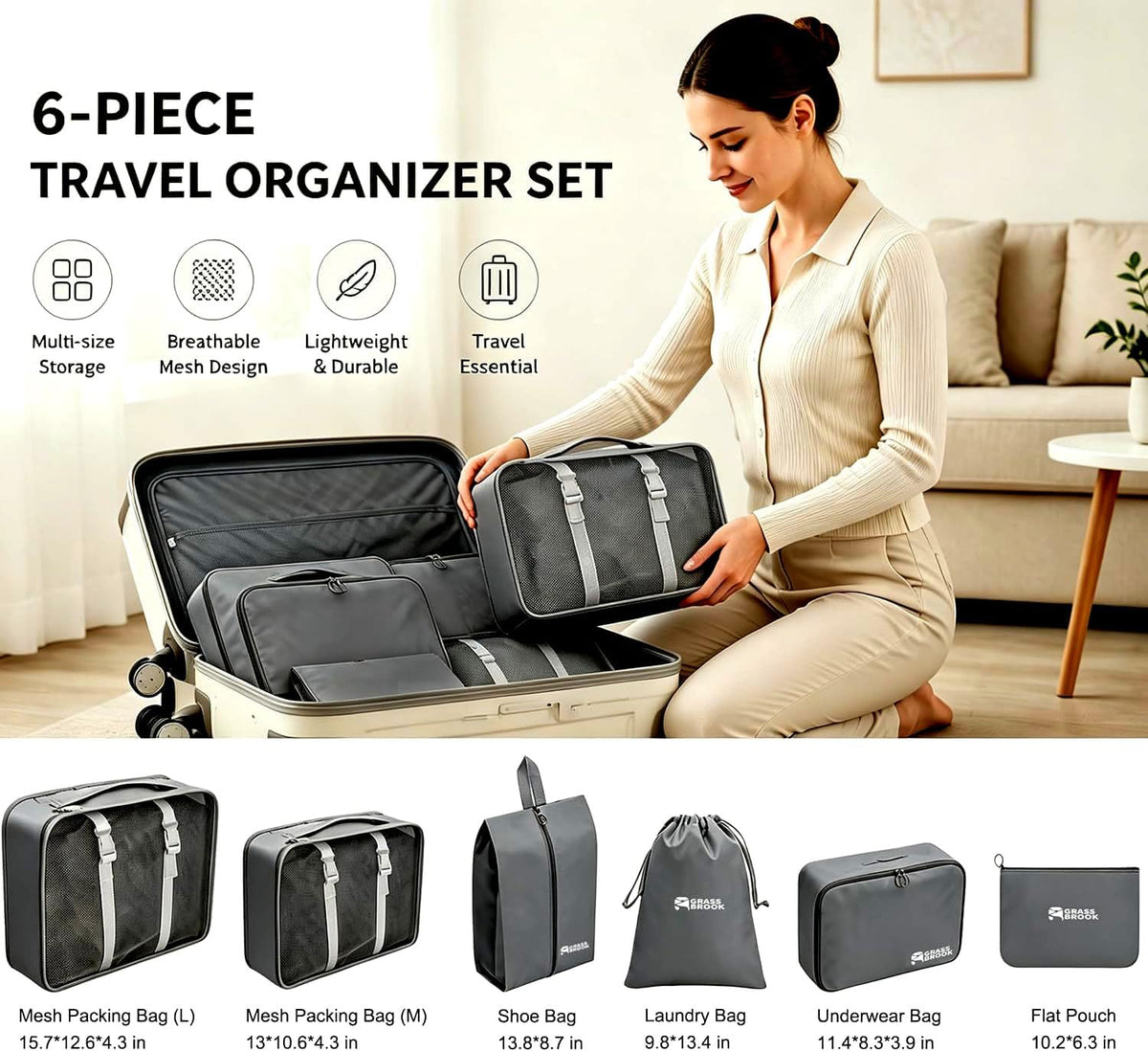 8 Set Packing Cubes for Travel Essentials With Hanging Toiletry Bag for Women, Lightweight Suitcase Organizer Bags with Mackup bag, Carry-On Luggage Accessories (Beige)