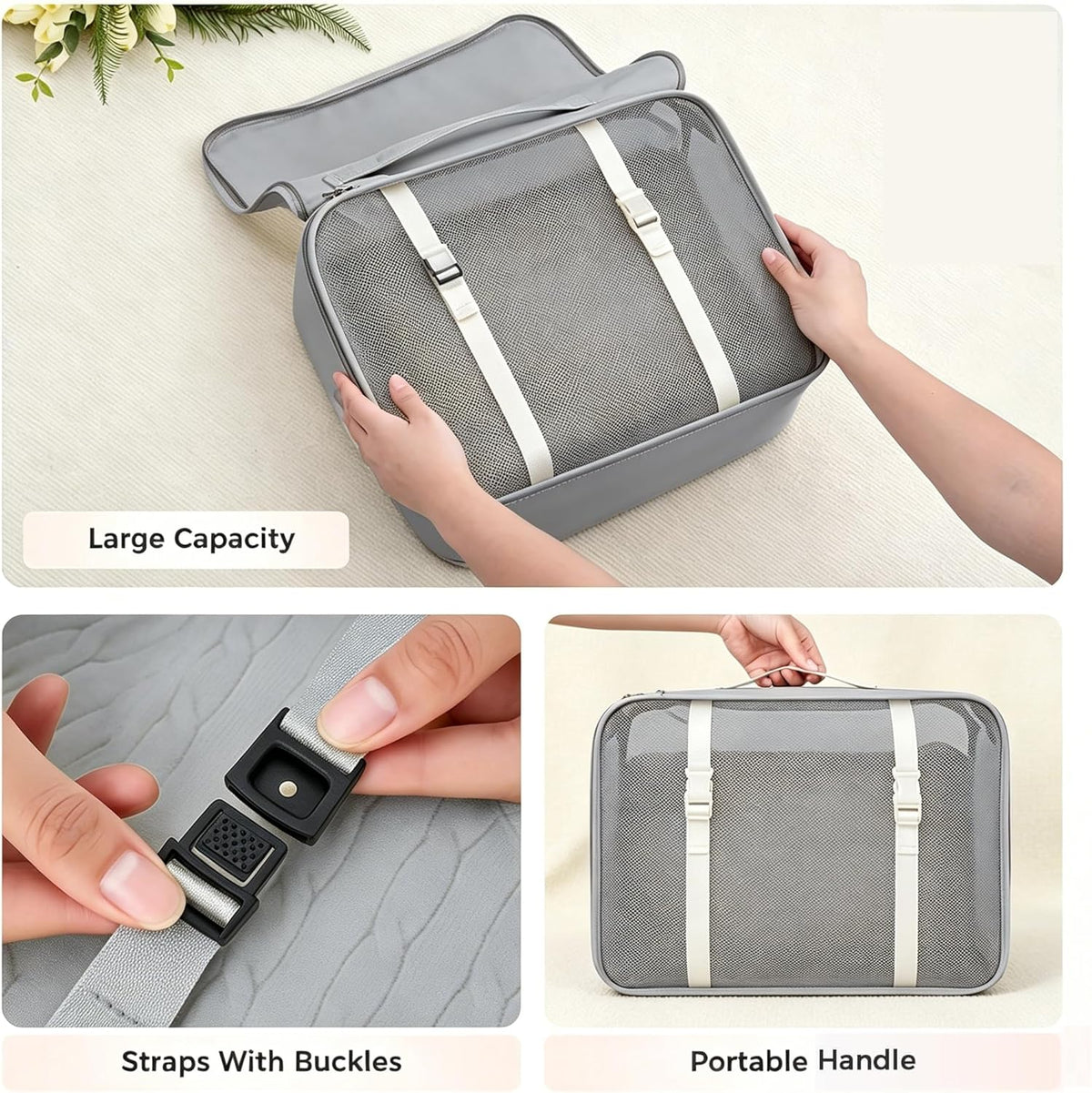8 Set Packing Cubes for Travel Essentials With Hanging Toiletry Bag for Women, Lightweight Suitcase Organizer Bags with Mackup bag, Carry-On Luggage Accessories (Beige)
