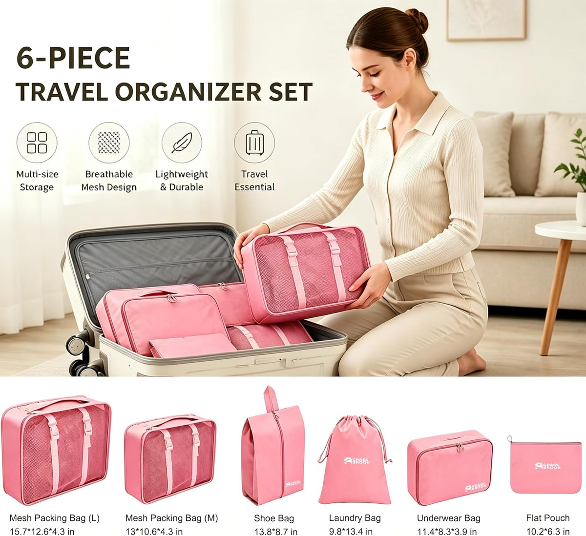 8 Set Packing Cubes for Travel Essentials With Hanging Toiletry Bag for Women, Lightweight Suitcase Organizer Bags with Mackup bag, Carry-On Luggage Accessories (Beige)