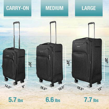 Ultra Lightweight Softside Luggage with Spinner Wheels, Set of 3, Expandable Suitcase with Retractable Handle and ID Tag, and Interlocking Zippers with TSA Lock