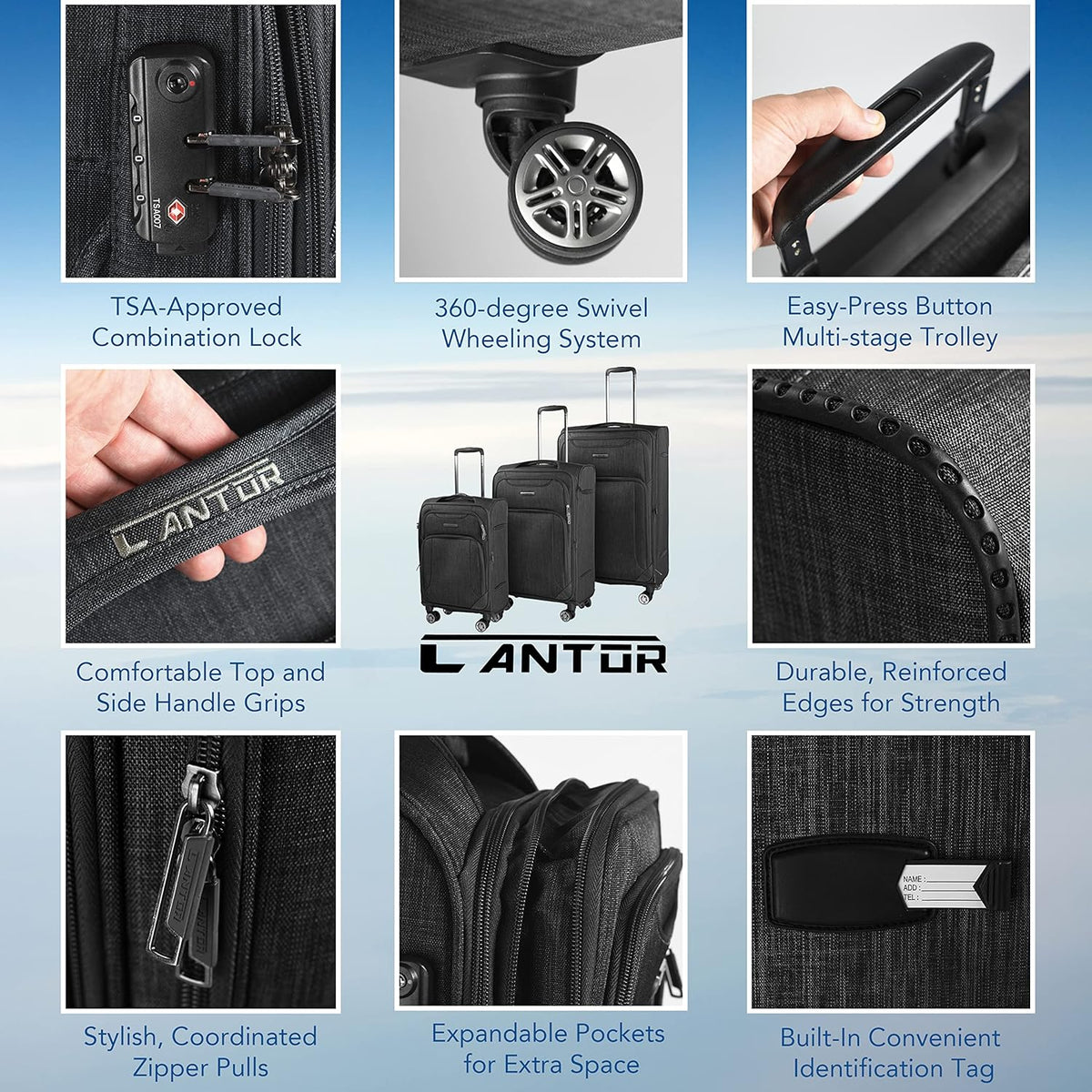 Ultra Lightweight Softside Luggage with Spinner Wheels, Set of 3, Expandable Suitcase with Retractable Handle and ID Tag, and Interlocking Zippers with TSA Lock