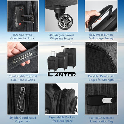 Ultra Lightweight Softside Luggage with Spinner Wheels, Set of 3, Expandable Suitcase with Retractable Handle and ID Tag, and Interlocking Zippers with TSA Lock