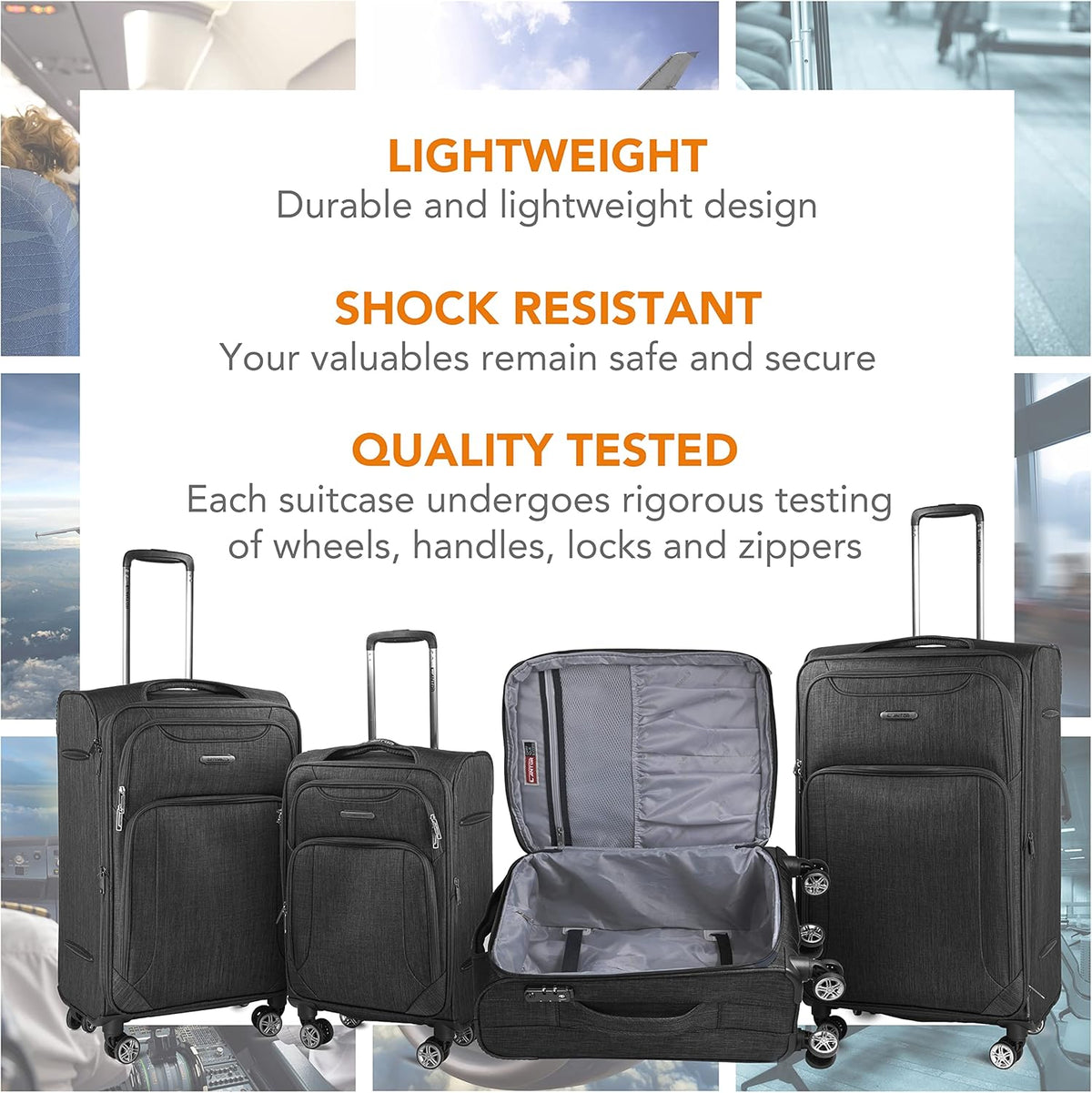 Ultra Lightweight Softside Luggage with Spinner Wheels, Set of 3, Expandable Suitcase with Retractable Handle and ID Tag, and Interlocking Zippers with TSA Lock