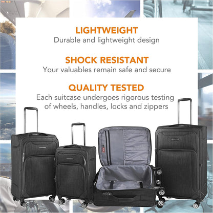 Ultra Lightweight Softside Luggage with Spinner Wheels, Set of 3, Expandable Suitcase with Retractable Handle and ID Tag, and Interlocking Zippers with TSA Lock