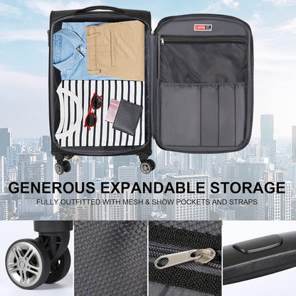 Ultra Lightweight Softside Luggage with Spinner Wheels, Set of 3, Expandable Suitcase with Retractable Handle and ID Tag, and Interlocking Zippers with TSA Lock