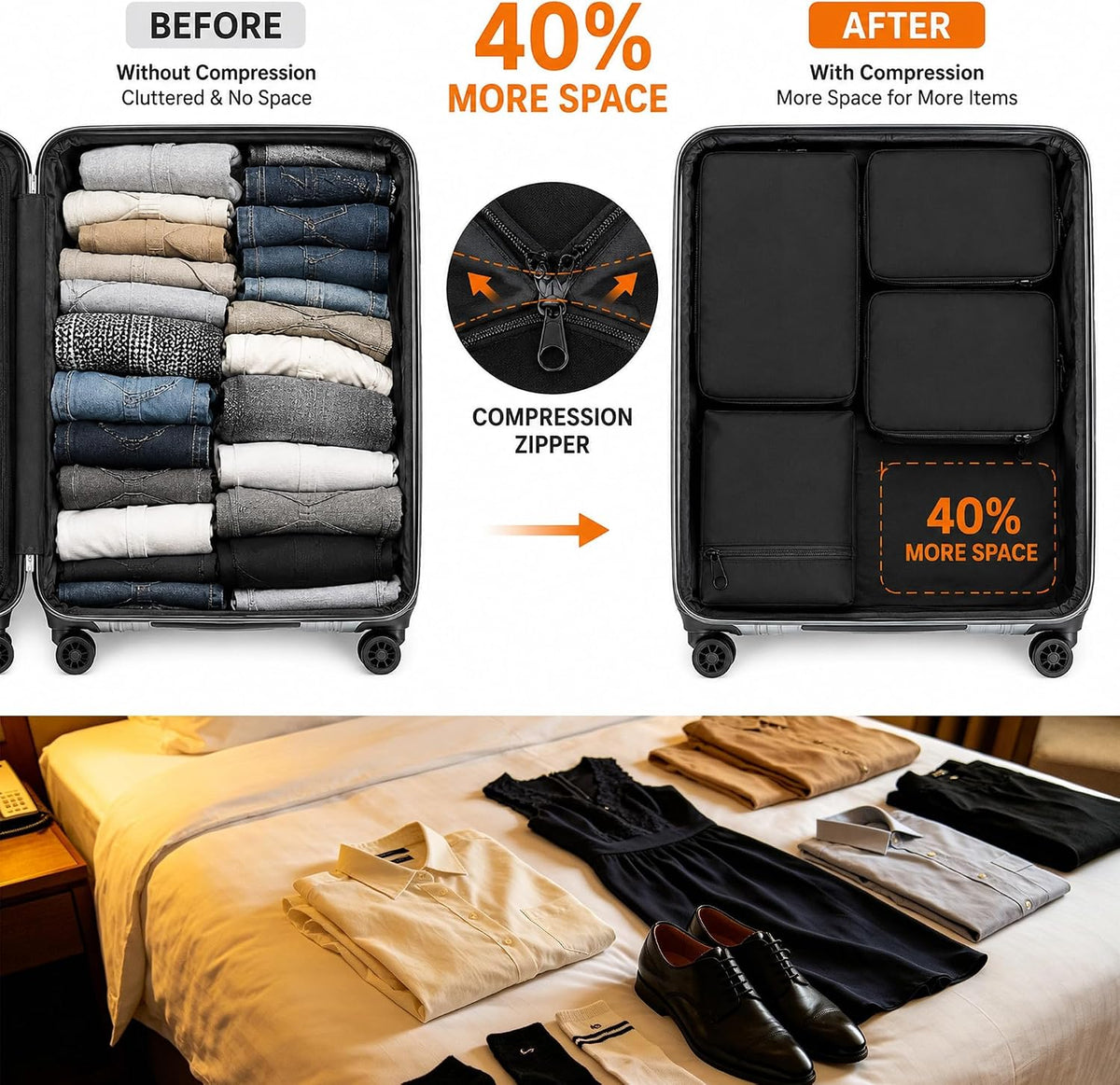 6-Piece Compression Packing Cubes, Gray Travel Organizers
