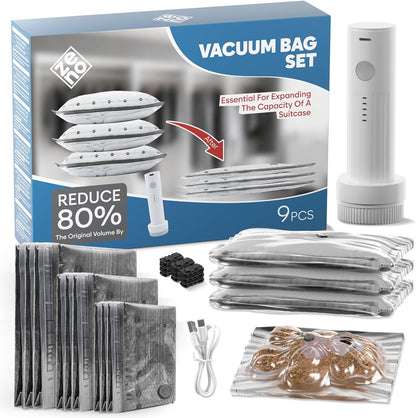 9-Pcs Travel Vacuum Bags with Electric Pump - Vacuum Storage Bags for travel - Space Saver for Clothes - Packing Cubes for Luggage & Suitcases - With Portable Cordless Pump