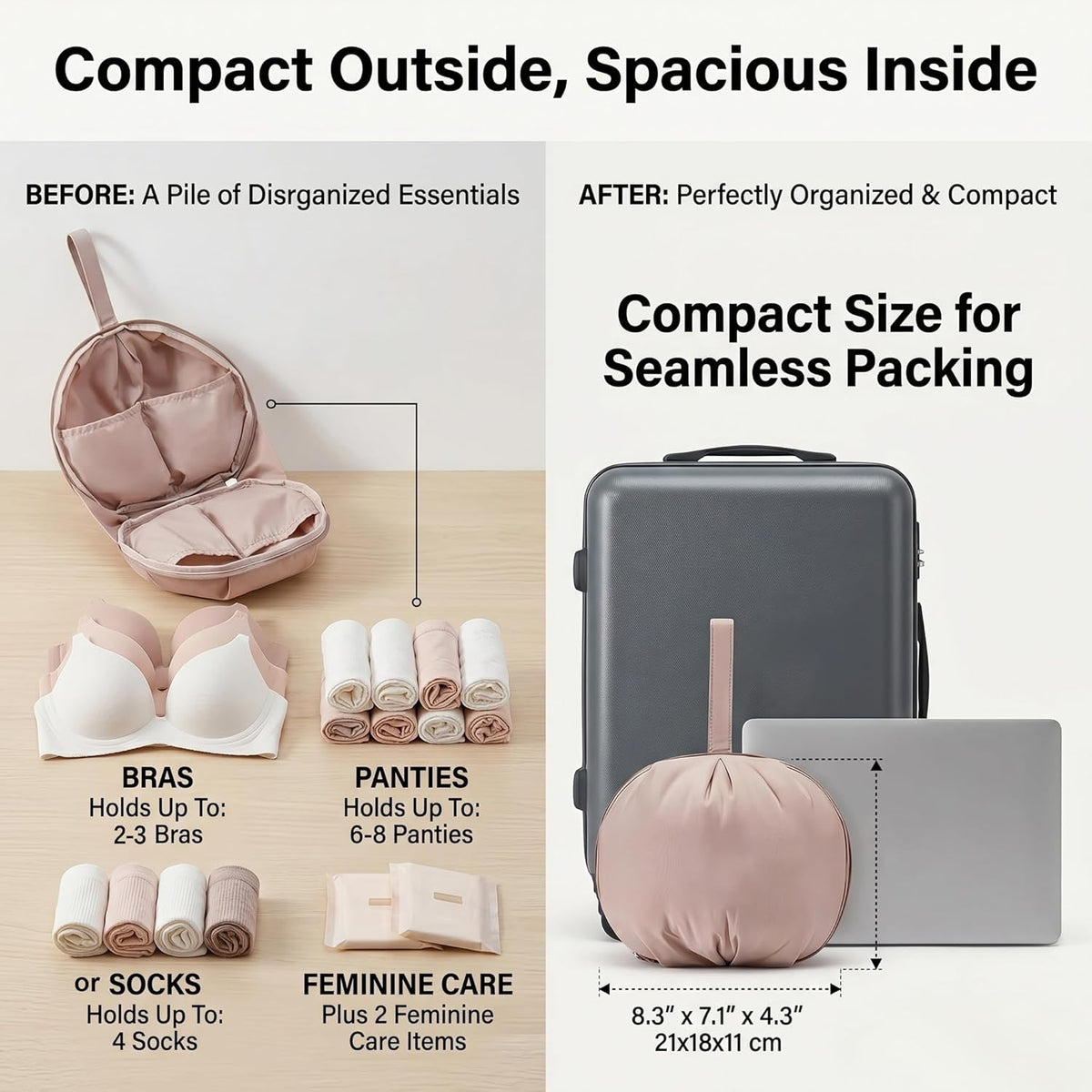 Lingerie Storage Bag Set, Multi-Compartment Travel Underwear Organizer, Portable Lightweight Luggage Packing Cube for Women's Bra Panties and Accessories (White)