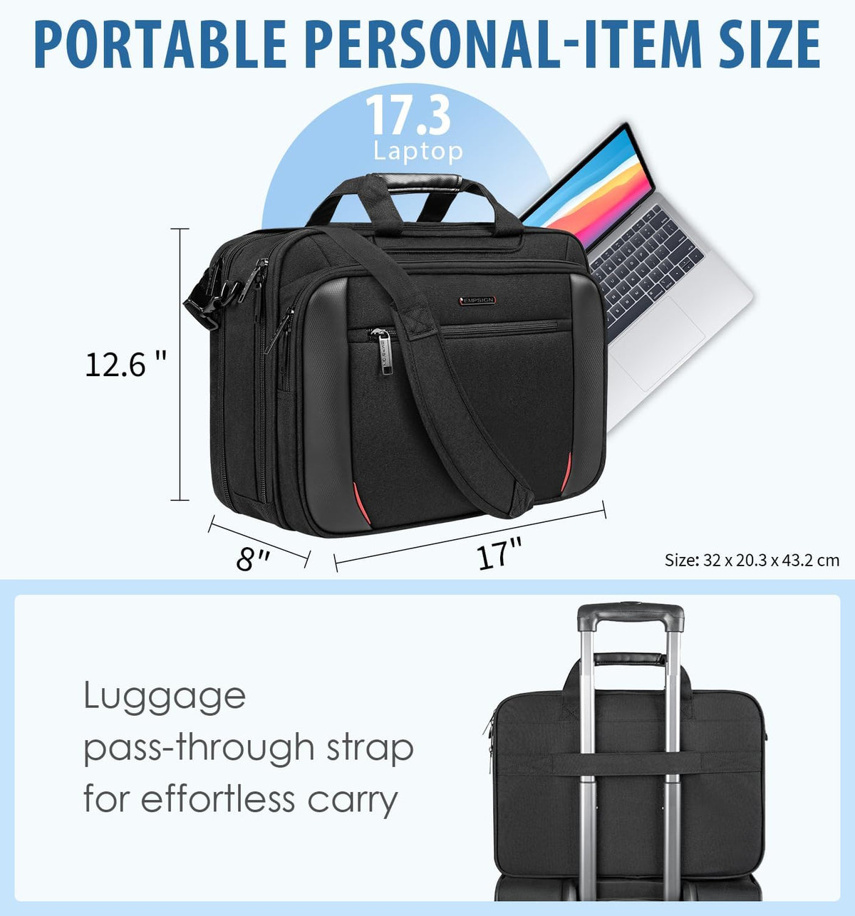 Laptop Bag Briefcase, 17.3 Inch Computer Bag Expandable Laptop Case for Men, Water Repellent Shoulder Messenger Bag for Work Business Travel Office-Black