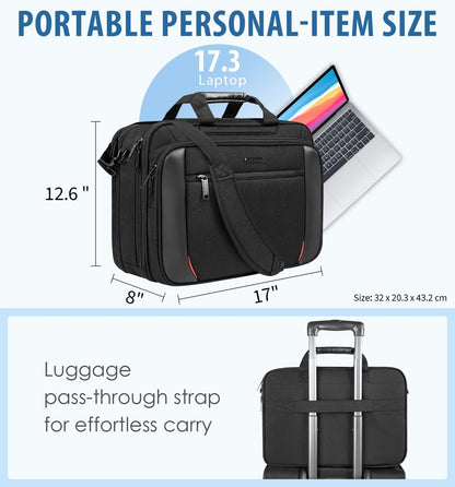 Laptop Bag Briefcase, 17.3 Inch Computer Bag Expandable Laptop Case for Men, Water Repellent Shoulder Messenger Bag for Work Business Travel Office-Black