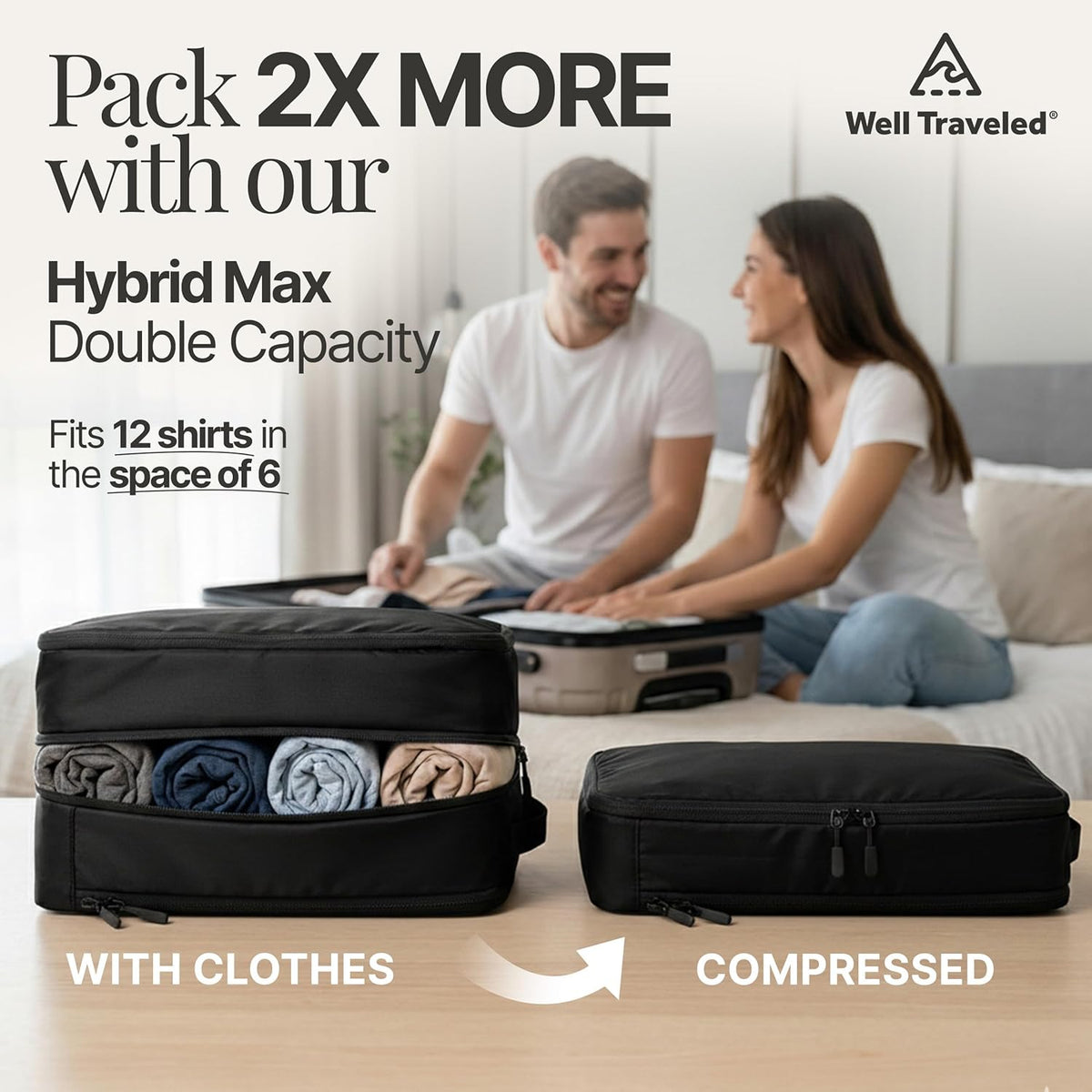 Compression Packing Bags Cubes Set with HybridMax Double-Capacity Design - Packing Cubes for Travel Compression to Maximize Limited Luggage Space, White
