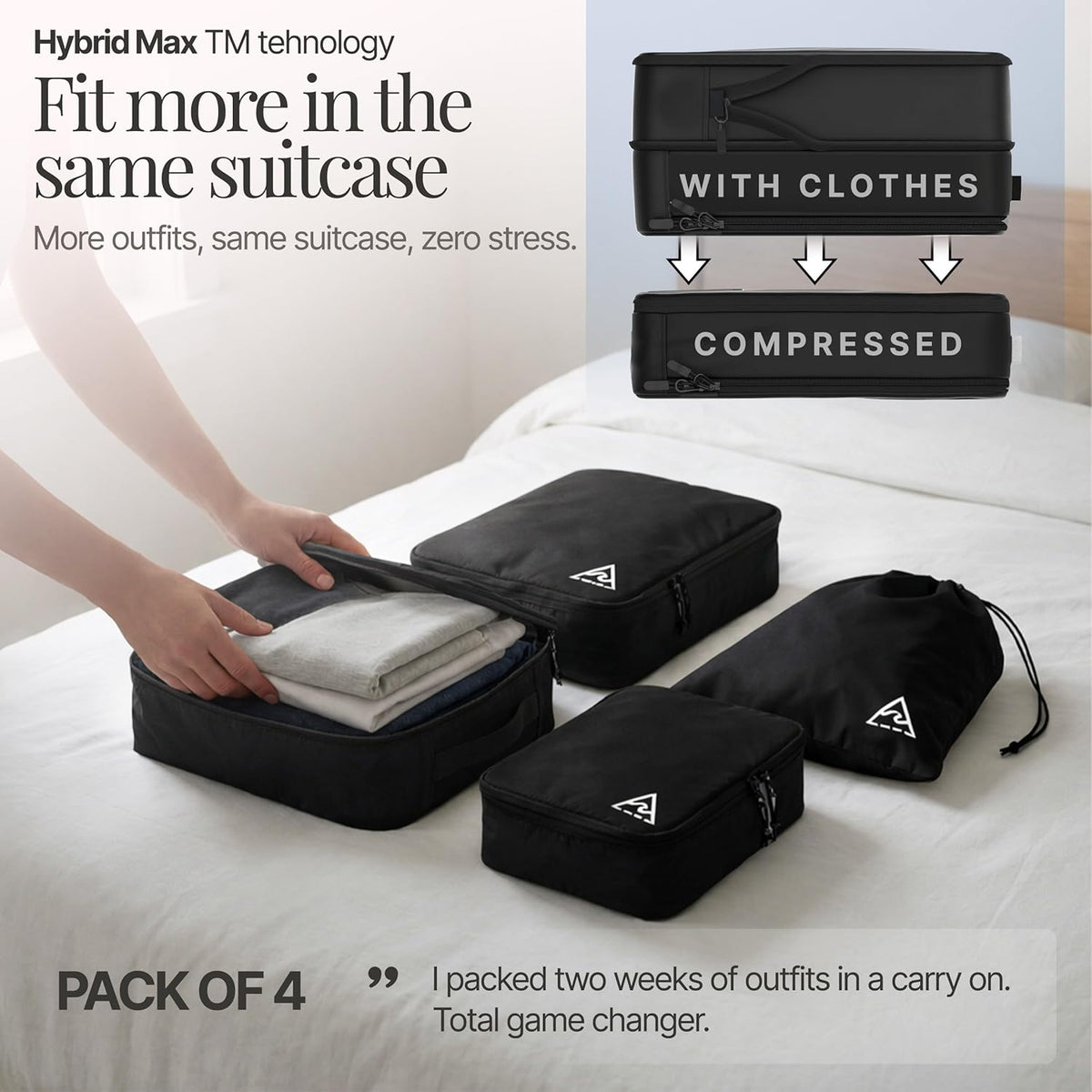 Compression Packing Bags Cubes Set with HybridMax Double-Capacity Design - Packing Cubes for Travel Compression to Maximize Limited Luggage Space, White