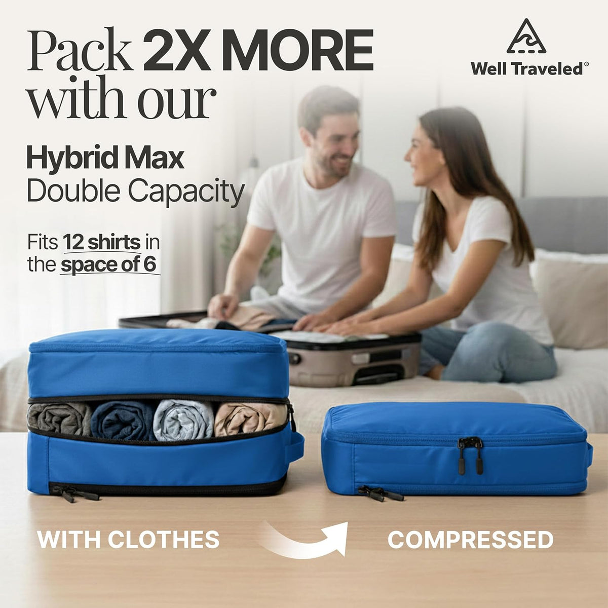 Compression Packing Bags Cubes Set with HybridMax Double-Capacity Design - Packing Cubes for Travel Compression to Maximize Limited Luggage Space, White