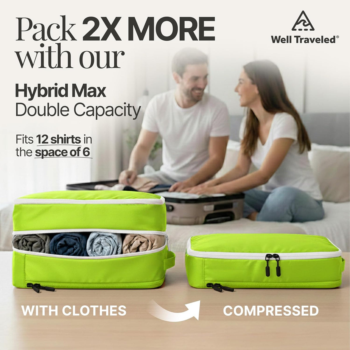 Compression Packing Bags Cubes Set with HybridMax Double-Capacity Design - Packing Cubes for Travel Compression to Maximize Limited Luggage Space, White