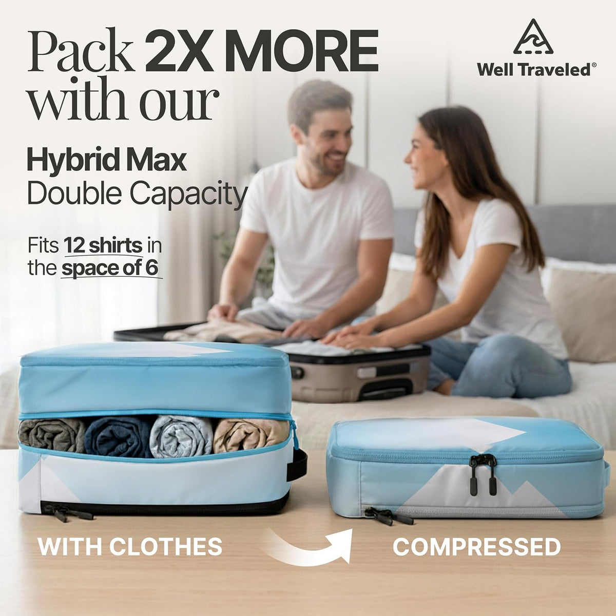 Compression Packing Bags Cubes Set with HybridMax Double-Capacity Design - Packing Cubes for Travel Compression to Maximize Limited Luggage Space, White