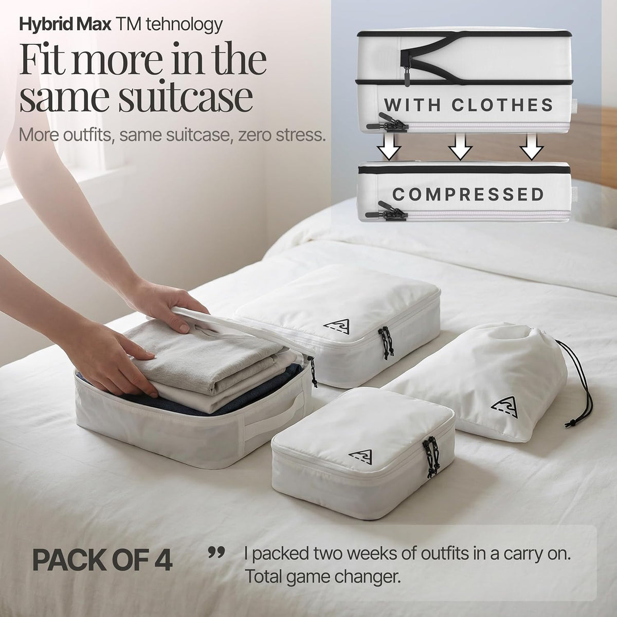 Compression Packing Bags Cubes Set with HybridMax Double-Capacity Design - Packing Cubes for Travel Compression to Maximize Limited Luggage Space, White