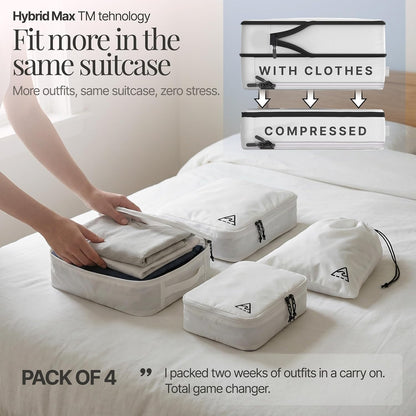 Compression Packing Bags Cubes Set with HybridMax Double-Capacity Design - Packing Cubes for Travel Compression to Maximize Limited Luggage Space, White
