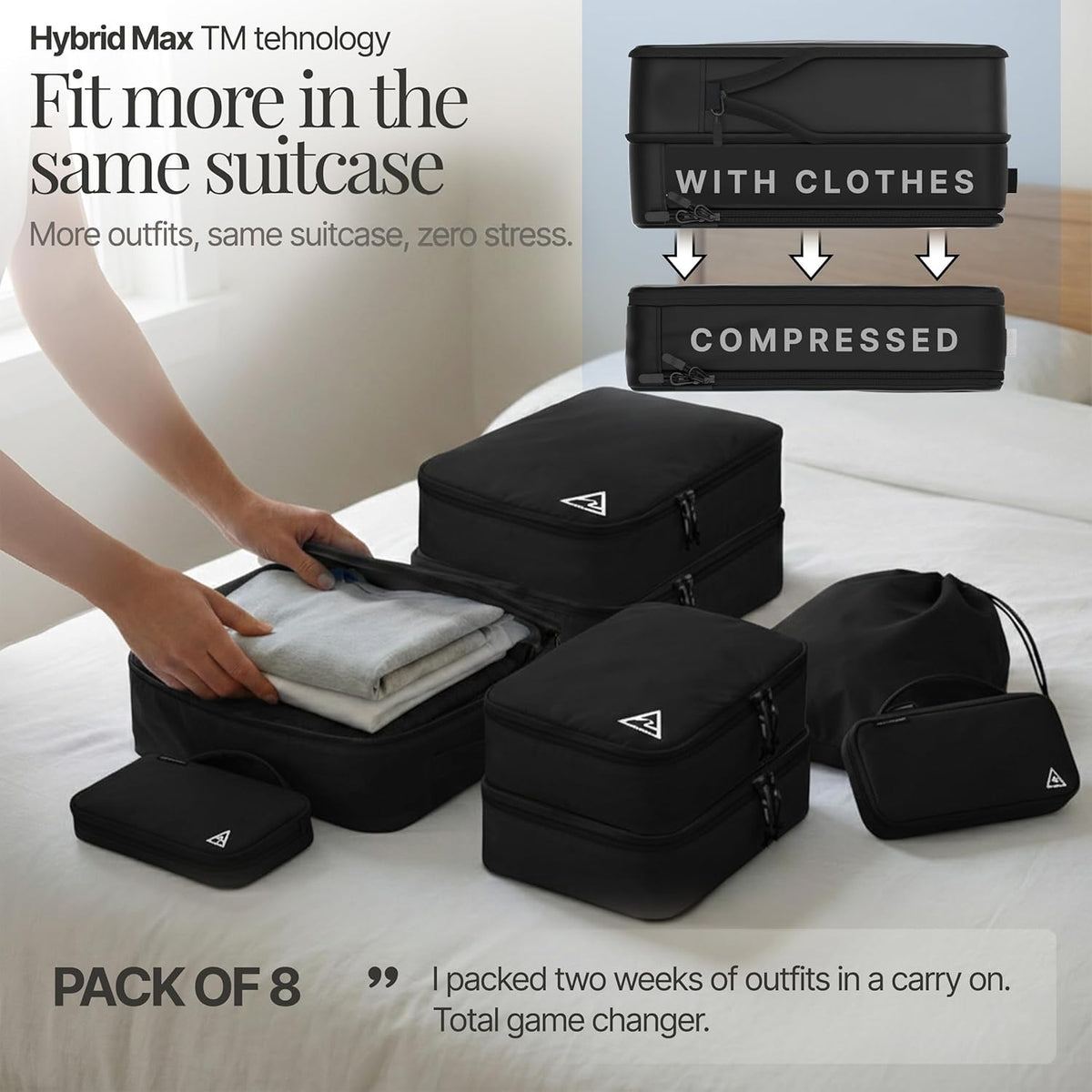 Compression Packing Bags Cubes Set with HybridMax Double-Capacity Design - Packing Cubes for Travel Compression to Maximize Limited Luggage Space, White
