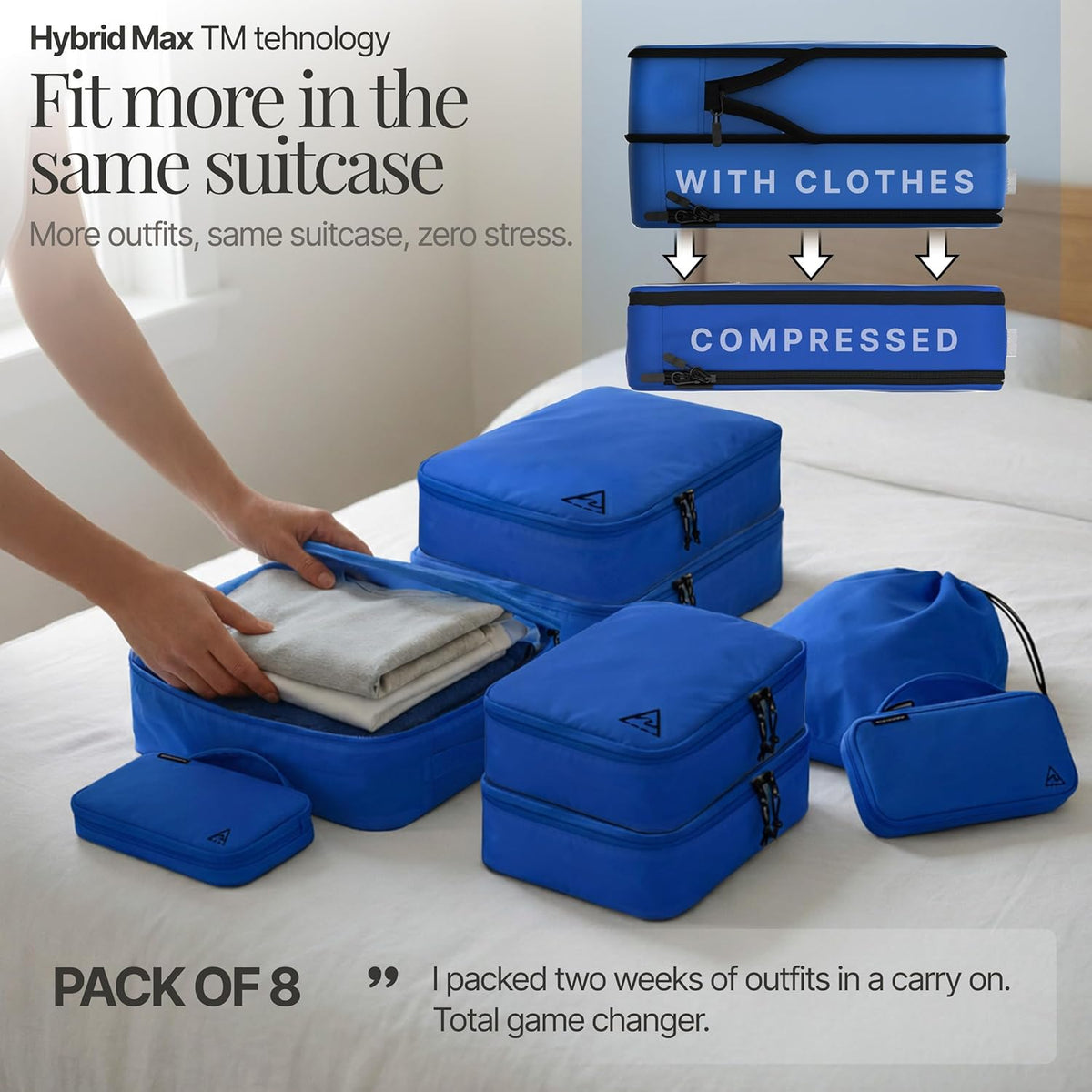 Compression Packing Bags Cubes Set with HybridMax Double-Capacity Design - Packing Cubes for Travel Compression to Maximize Limited Luggage Space, White