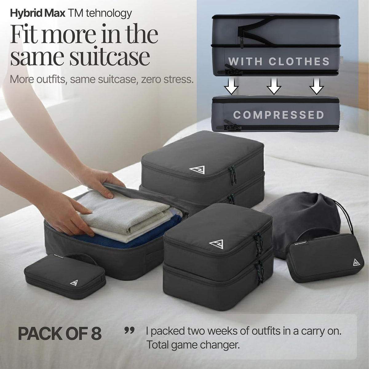 Compression Packing Bags Cubes Set with HybridMax Double-Capacity Design - Packing Cubes for Travel Compression to Maximize Limited Luggage Space, White