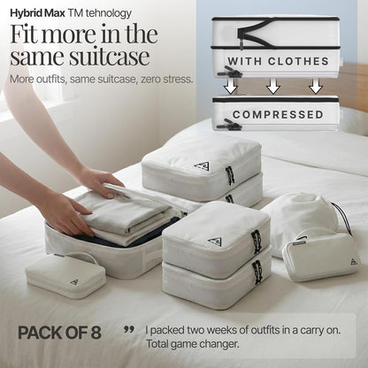 Compression Packing Bags Cubes Set with HybridMax Double-Capacity Design - Packing Cubes for Travel Compression to Maximize Limited Luggage Space, White