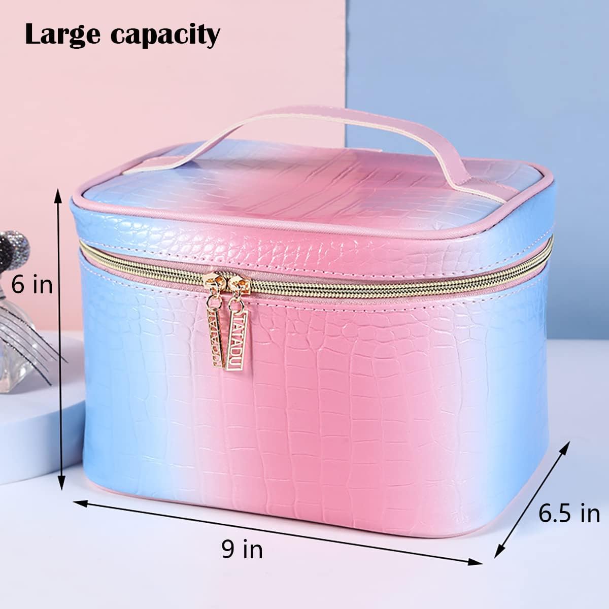 Makeup Bag Organizer Travel Toiletry Bag for Women, Water-resistant Cosmetic Bag for Girls, Travel Make Up Bag for Accessories Cosmetics Toiletries (Blue-Pink Gradient)