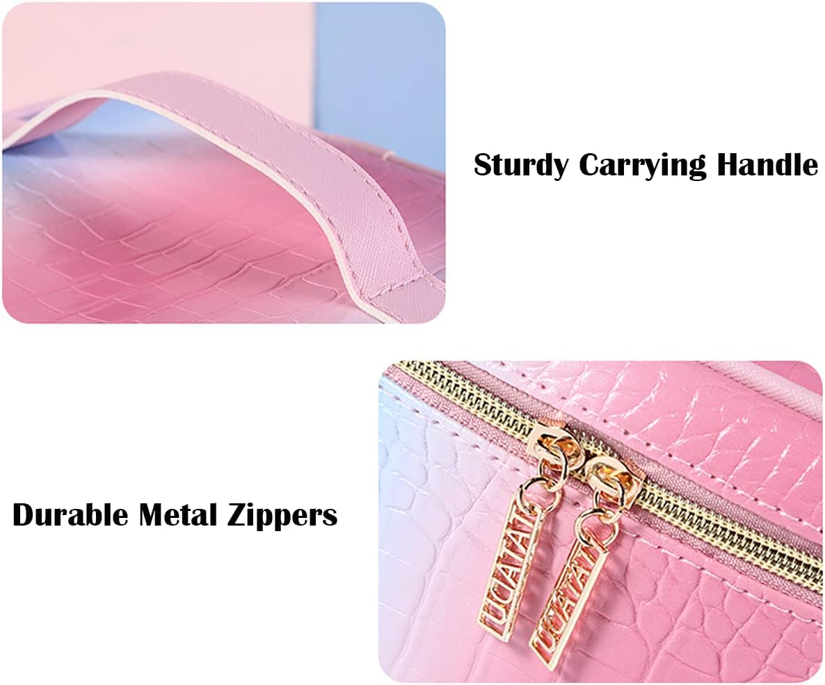 Makeup Bag Organizer Travel Toiletry Bag for Women, Water-resistant Cosmetic Bag for Girls, Travel Make Up Bag for Accessories Cosmetics Toiletries (Blue-Pink Gradient)