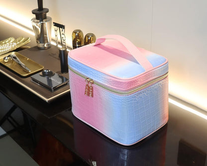 Makeup Bag Organizer Travel Toiletry Bag for Women, Water-resistant Cosmetic Bag for Girls, Travel Make Up Bag for Accessories Cosmetics Toiletries (Blue-Pink Gradient)