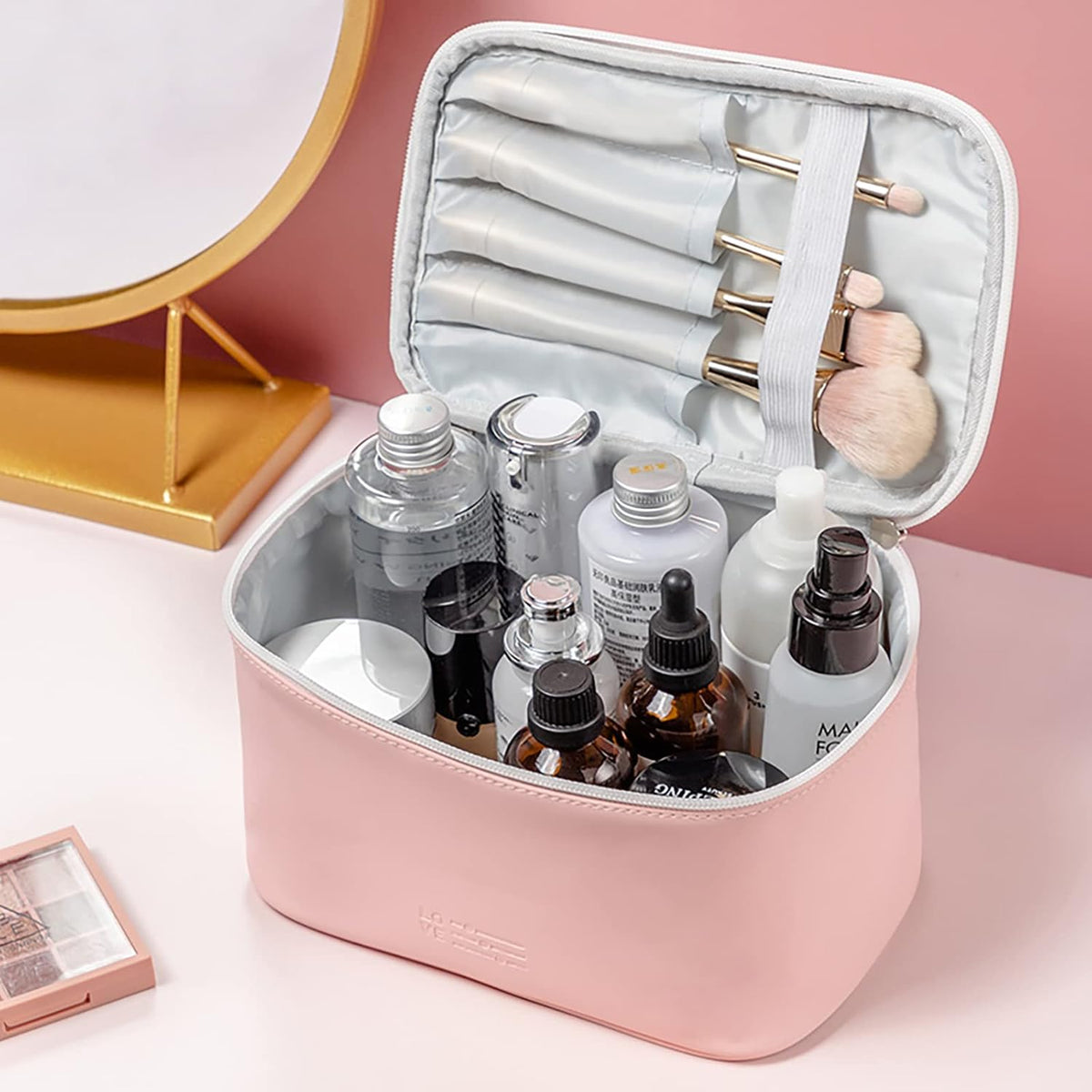 Makeup Bag Organizer Travel Toiletry Bag for Women, Water-resistant Cosmetic Bag for Girls, Travel Make Up Bag for Accessories Cosmetics Toiletries (Blue-Pink Gradient)