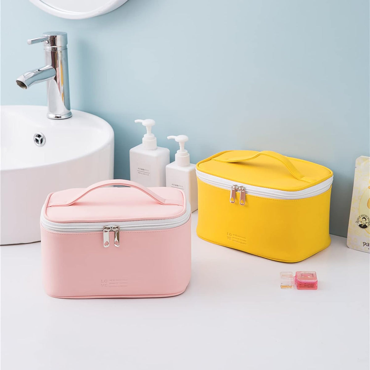 Makeup Bag Organizer Travel Toiletry Bag for Women, Water-resistant Cosmetic Bag for Girls, Travel Make Up Bag for Accessories Cosmetics Toiletries (Blue-Pink Gradient)