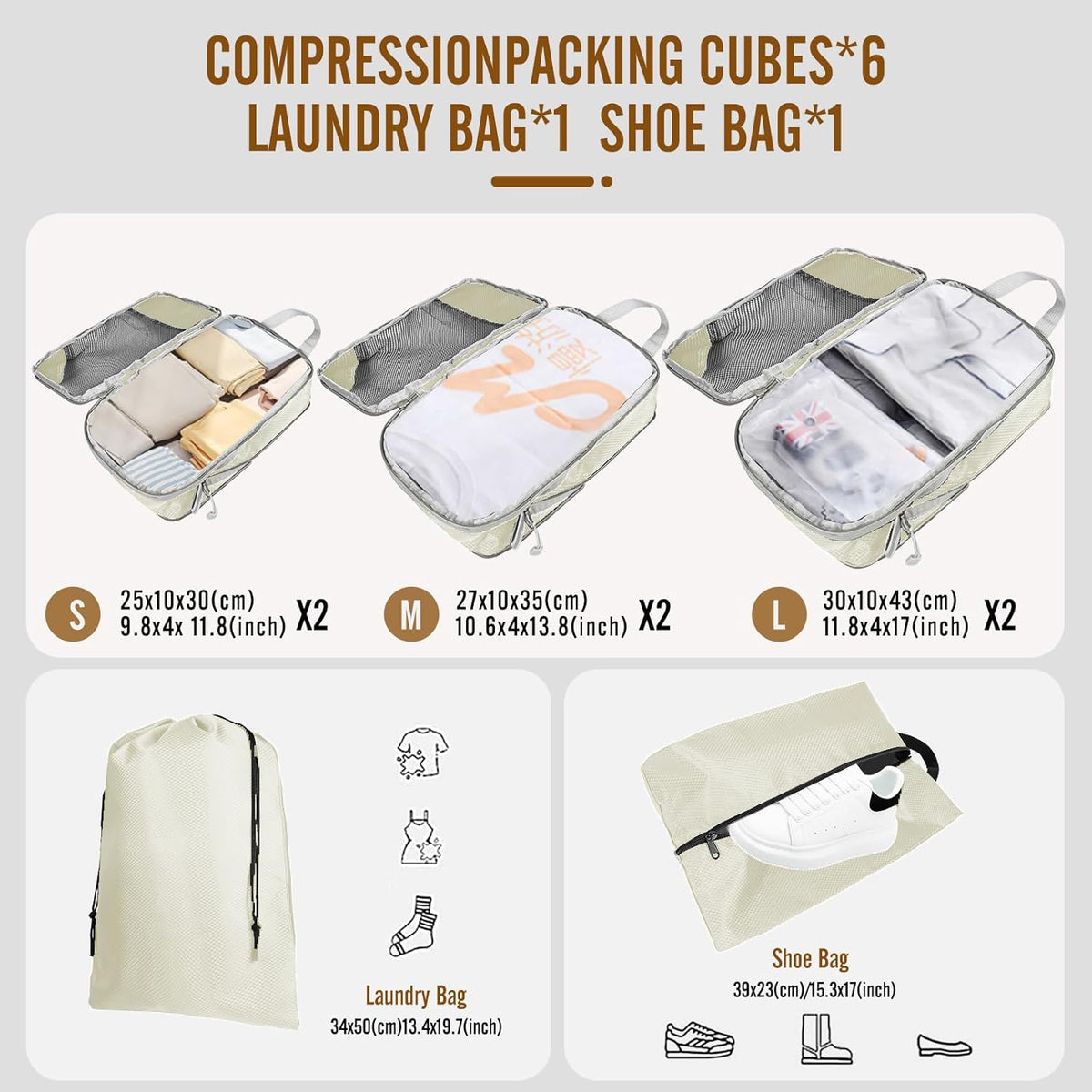 8 Set Compression Packing Cubes for Travel, Expandable Luggage Organizer with Shoe Bag & Laundry Bag - Lightweight Suitcase & Backpack Travel Essentials (Green)